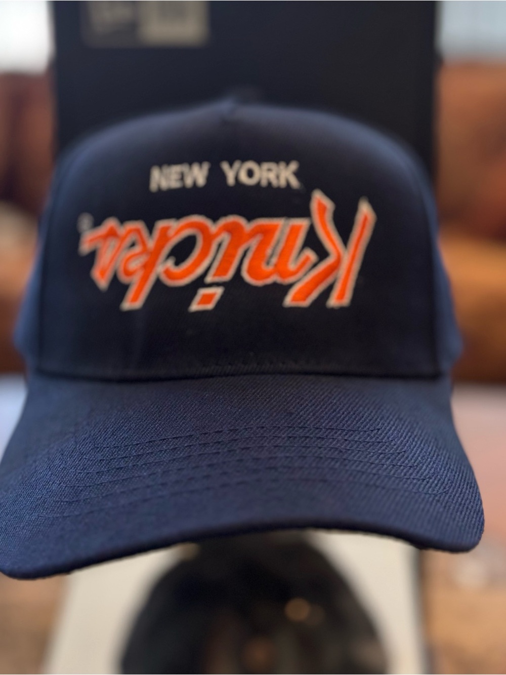 New York Kinda SnapBack Cap in Navy with Orange Throwback Logo